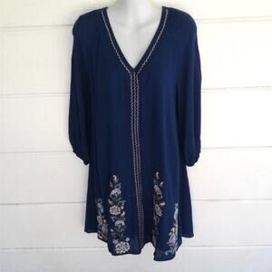 Blue Rain Women's Blue Embroidered Floral Boho Dress Long Sleeves XS